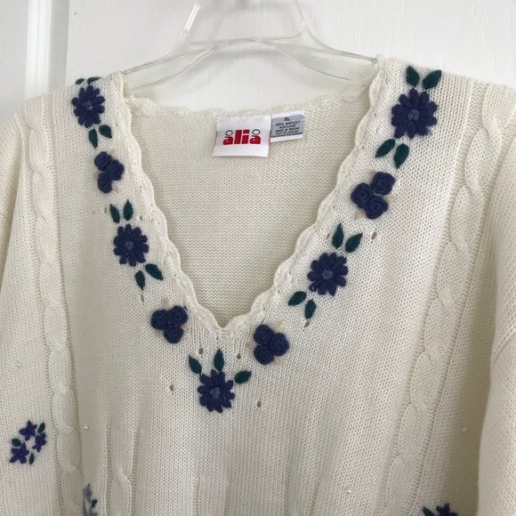 Alia White Cable Knit Pullover Sweater with Blue Floral Embroidery & Beading - Picture 6 of 7